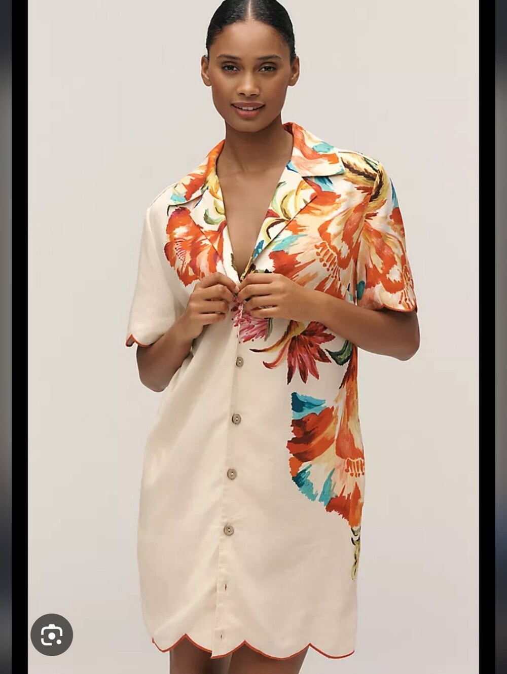 Farm Rio x Anthropologie Scalloped Cream Floral Button-Front Mini Dress